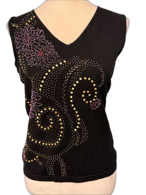 Pierre Cardin Sleeveless Black V-Neck beaded knit tank Top